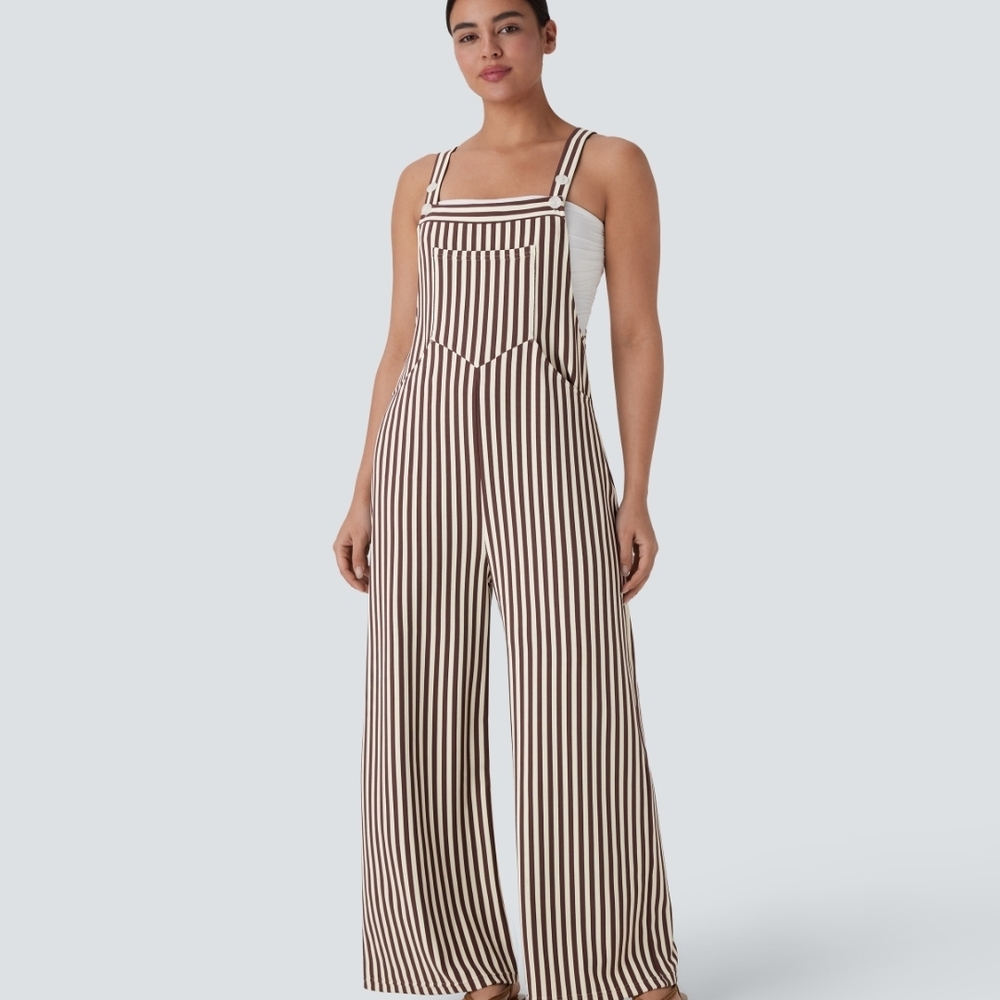 HALARA Brown and White Striped Wide Leg Jumpsuit/Overalls